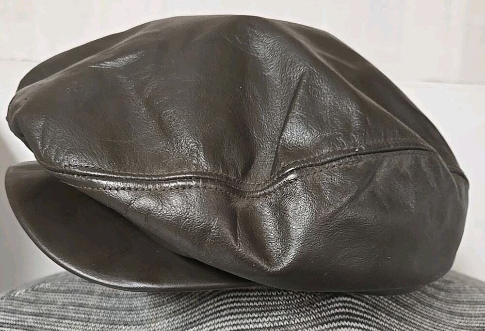 Sima International Hat Mens Medium Brown Leather Newsboy Flat Cap Cabbie USA